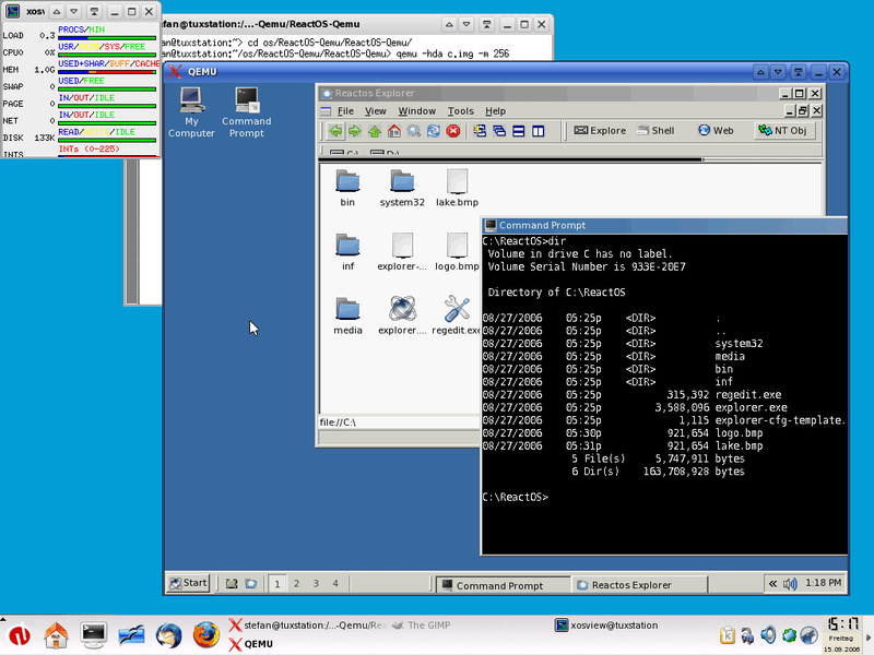 Screenshot: QEMU running the ReactOS operating system on Linux.
