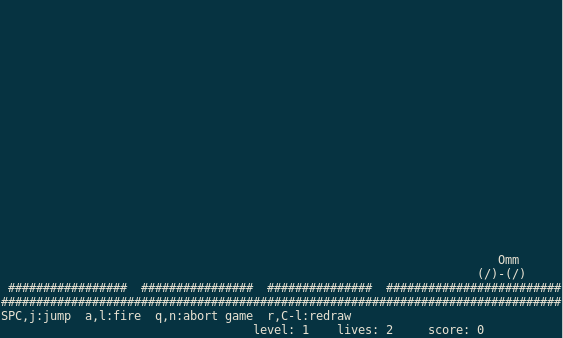 Screenshot: QEMU emulating an ASCII art game for the System z (s390) mainframe.