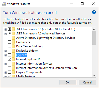 Disabling Hyper-V in Windows Features